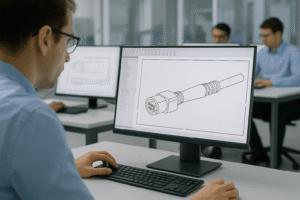 A person works at a computer displaying a technical drawing of a mechanical part, possibly for custom cable manufacturing in Calgary, while others work at desks in the background.