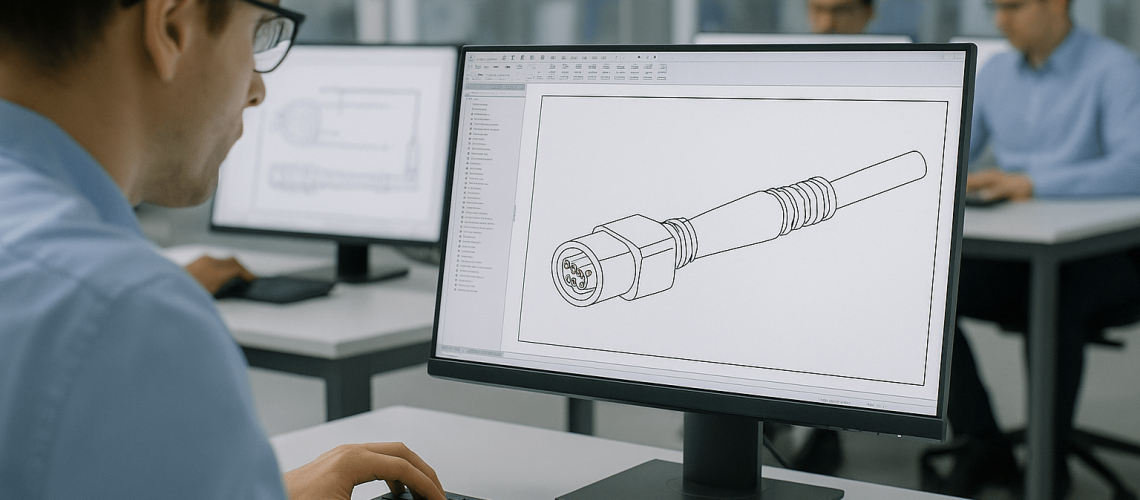 A person works at a computer displaying a technical drawing of a mechanical part, possibly for custom cable manufacturing in Calgary, while others work at desks in the background.