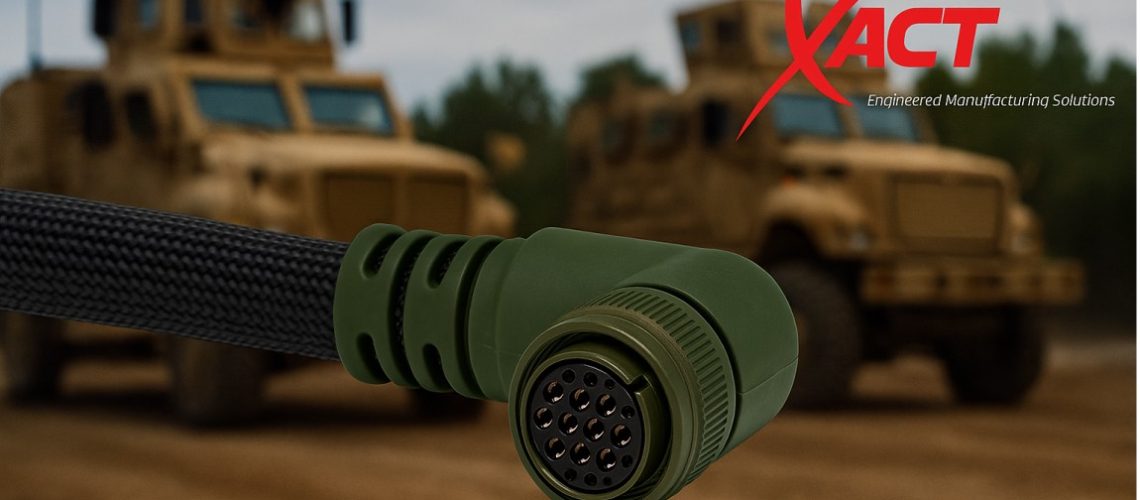 A close-up of a green military-grade electrical connector cable, with armored vehicles blurred in the background and the XACT company logo in the top right corner.