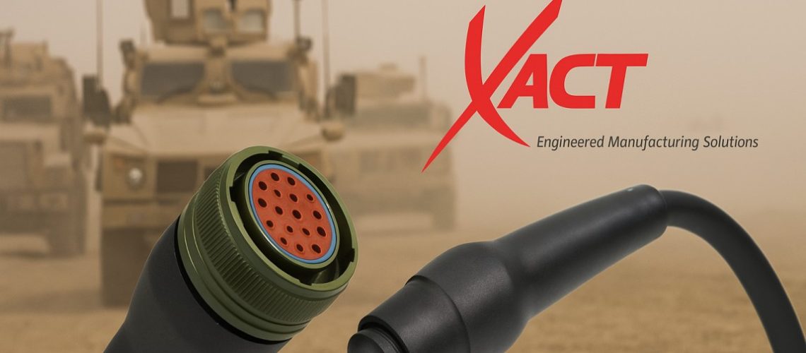 Close-up of a MIL-DTL-38999 cable assembly, ideal for harsh environments, with armored vehicles in the background and the XACT company logo and slogan visible.